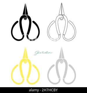 Gartengeräte Satz von vier Scheren Umriss, negative, Gold und Silber Umriss einfache minimalistische flache Design Symbol Vektor Illustration isoliert auf w Stock Vektor