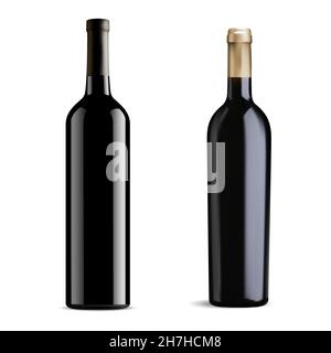 Schwarzes Glas Rotwein Flasche Vektor Mockup, isoliert auf weißem Hintergrund. Zwei Flaschen Burgunder Wein Design, elegante Weingut Produkt-Design. Dunkles Glas Stock Vektor