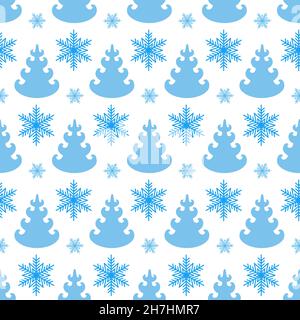 Blauer weihnachtsbaum auf weißem Hintergrund, niedliche einfache weihnachtsdekoration nahtloses Muster Stock Vektor