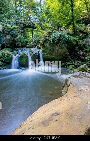 Schwarzer Ernz-Fluss mit Schiessentümpel-Wasserfall, kalkhaltiges kristallklares Wasser zwischen Felsen, wilde Vegetation im Hintergrund, Mullerth Stockfoto