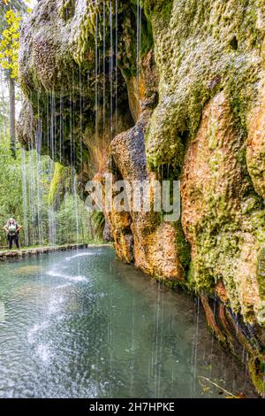 Moos bedeckte Felsformation mit kalkhaltigem kristallklarem Wasser, das in eine Quelle fällt, Travertin-Quelle Kallektuffquell, Bäumen und einer weiblichen Touristin i Stockfoto