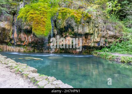 Kalkhaltiges, kristallklares Wasser in einem Becken, Kallektuffquell-Travertin-Quelle, Wasser fließt zwischen grünen, moosbedeckten Felsformationen im Backgroun Stockfoto