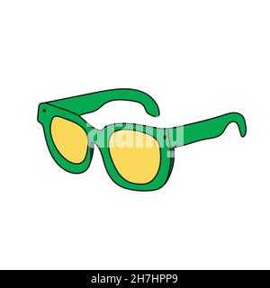 Einfaches Cartoon-Symbol. Sonnenbrille - grüne und gelbe Farben. Vektor handgezeichnete Illustration auf weiß Stock Vektor
