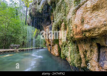 Kristallklares kalkhaltiges Wasser, das zwischen moosbedeckten Felsformationen in einem Becken fließt, Kallektuffquell Wasserfall, Bank und Bäume im Hintergrund, Stockfoto