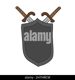 Einfaches Cartoon-Symbol. Mittelalterliches Schwert und Schild. Vektor handgezeichnete Illustration auf weiß Stock Vektor