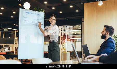 Junge Geschäftsfrau präsentiert ihre Marketingstrategie ihrem Team in einem modernen Arbeitsumfeld. Fröhliche Managerin, die lächelte, während sie auf einem Brett schrieb Stockfoto