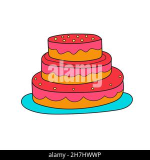 Einfaches Cartoon-Symbol. Süßer Kuchen auf dem Teller. Vektor handgezeichnete Illustration auf weiß Stock Vektor