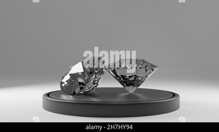 Diamanten in Komposition auf dunklem Podium. 3D Rendern Stockfoto