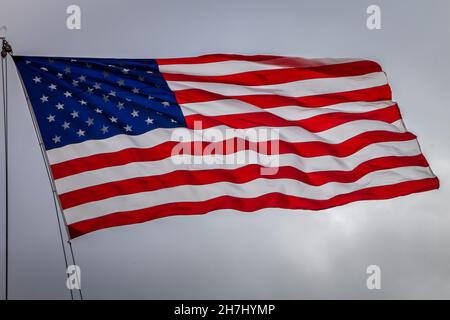 Eine Nationalflagge der Vereinigten Staaten von Amerika, die im Wind flattert. Stockfoto