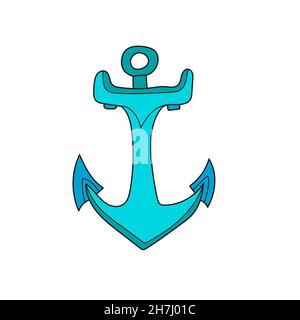 Einfaches Cartoon-Symbol. Vektorgrafik. Süßer blauer Anker isoliert auf Weiß. Nautisches Design. Handgezeichnetes einfaches Clipart für Poster, Banner, Karten Stock Vektor