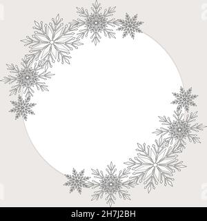Schneeflocken rund Rahmen. Winterkomposition. Frohe Weihnachten und einen guten Rutsch ins neue Jahr. Für Hochzeitseinladung und Geburtstagskarte. Für Text, Foto, Speicherdatum, Logo, Monogramm Stock Vektor