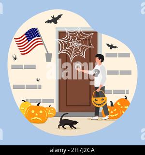 Vektor-Illustration Happy Halloween. Junge in festlicher Kleidung zu Halloween. Männliches Kind, das im Gericht vor der Tür Hausdekoration steht Stock Vektor