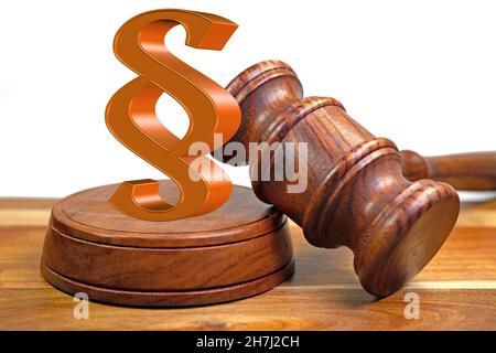 Richters Gavel und Absatz in einer Nahaufnahme, 3D-Illustration Stockfoto