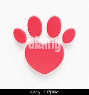 PET-Pfote in Form eines Herzsymbols in 3D, die isoliert auf weißem Hintergrund dargestellt wird Stockfoto