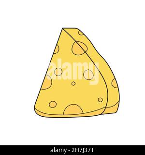 Einfaches Cartoon-Symbol. Cartoon-Käse. Dreiecksstück. Gelber schweizer Käse mit Löchern in schlichtem, niedlichem handgezeichneten Stil. Isolierte Vektorsammlung. Stock Vektor