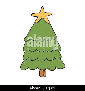Einfaches Cartoon-Symbol. Neujahrsbaum. Vektor handgezeichnete Illustration auf weiß Stock Vektor