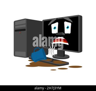 Tasse Kaffee verschüttet Computer. Verschütteter Tee auf der Tastatur. Verdorbenes PC Stock Vektor