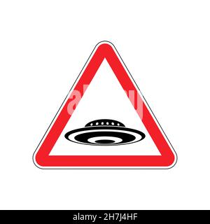 Achtung UFO. Achtung Unbekanntes fliegendes Objekt. Rotes Dreieck Straßenschild Stock Vektor