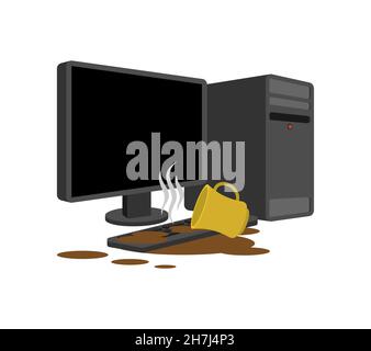 Tasse Kaffee verschüttet Computer. Verschütteter Tee auf der Tastatur. Verdorbenes PC Stock Vektor