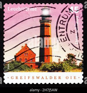 DEUTSCHLAND - UM 2004: Eine in Deutschland gedruckte Briefmarke zeigt Griefswalder Oie, Leuchtturm, um 2004 Stockfoto