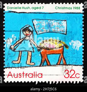 AUSTRALIEN - UM 1988: Eine in Australien gedruckte Marke zeigt die Krippe von Danielle Hush, Kinderdesign, Weihnachten, um 1988 Stockfoto