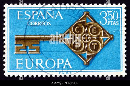 AIN - UM 1968: Eine in Spanien gedruckte Marke zeigt den Goldenen Schlüssel mit CEPT-Emblem, Europa 1968, um 1968 Stockfoto