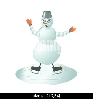 Happy Cartoon Schneemann Eislaufen. Winter Charakter. Stock Vektor