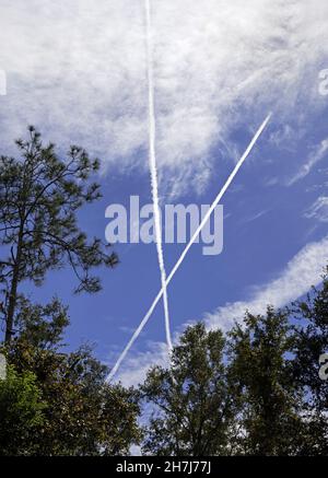 Jet kontraingt gegen einen kühlen, herniederfallenden Himmel über Nord-Zentral-Florida hinterlassen wunderschöne Muster, während sie sich in der Atmosphäre zerstreuen. Stockfoto