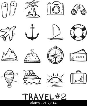 Handgezeichnetes Reisesymbol im Doodle-Stil isoliert. Stock Vektor