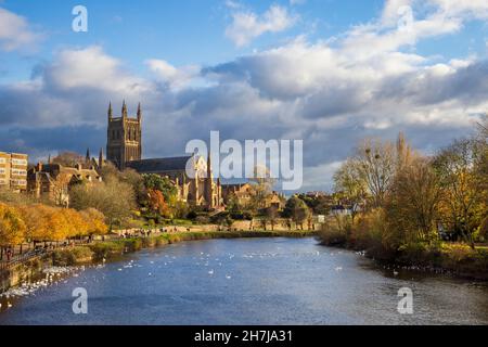 Worcester Cathedral am Fluss Severn, Worcestershire, England Stockfoto