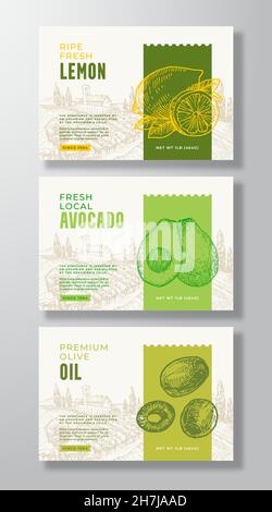 Vorlagen Für Etiketten Für Frische Lokale Lebensmittel Festgelegt. Abstrakte Vektor Verpackung Design Layouts Sammlung. Banner mit handgezeichneten Zitronen, Avocado, Oliven und Rural Stock Vektor