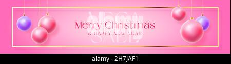 Weihnachten Lila Kugeln Hintergrund. Moderne Grußvorlage Mit Goldenem Glitzer-Rahmen. Winterurlaub Mega Sale Social Media Promo Card oder Header. Neu Stock Vektor