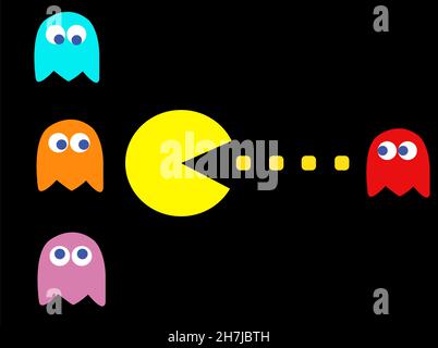 PAC-man Spiel Thema Vektor Illustration. Retro-Computerspiel mit Pac-man-, Pinky-, Blinky-, Inky- und Clyde-Charakteren Stockfoto