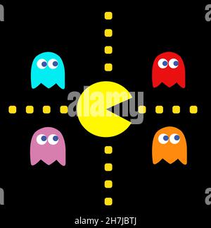 PAC-man mit seinen Feinden Spiel Thema Vektor Illustration. Retro-Computerspiel mit Pac-man-, Pinky-, Blinky-, Inky- und Clyde-Charakteren Stockfoto