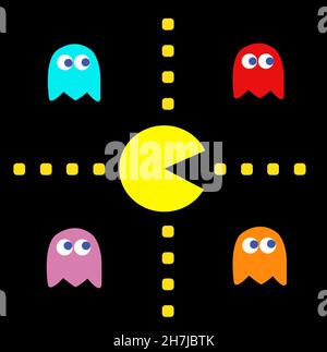 PAC-man mit seinen Feinden vintage Spiel Thema Vektor Illustration. Retro-Computerspiel mit Pac-man-, Pinky-, Blinky-, Inky- und Clyde-Charakteren Stockfoto