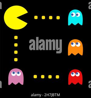 PAC-man mit seinen Feinden Vintage-Computerspiel-Thema, Vektor-Illustration. Retro-Computerspiel mit Pac-man-, Pinky-, Blinky-, Inky- und Clyde-Charakteren Stockfoto