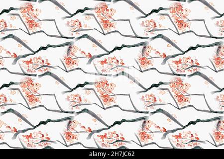 Chinesische Blumenbäume. Nahtloser Kirschhintergrund. Stockfoto