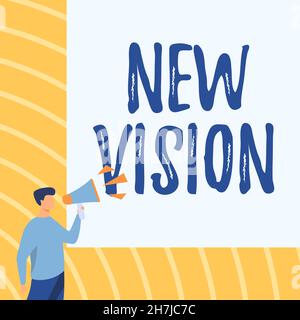 Schild mit New Vision. Konzeptionelles Foto mit einigen zukünftigen Entwicklungen, die hoffnungsvoll über den zukünftigen Geschäftsmann Drawing im Gespräch mit Megaphon sind Stockfoto