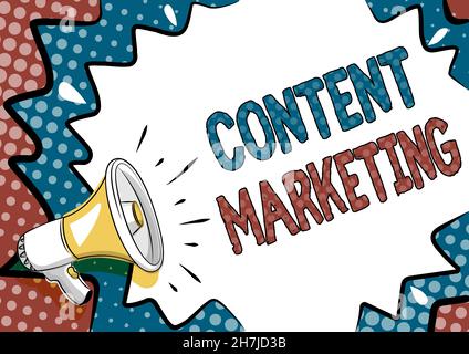 Textschild mit Content Marketing. Geschäftsübersicht umfasst die Erstellung und Weitergabe von Online-Material Bunte Design mit wichtigen Botschaften Stockfoto