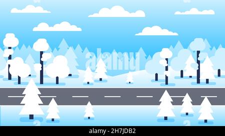 Winterwald verschneite Landschaft mit Straße Stock Vektor