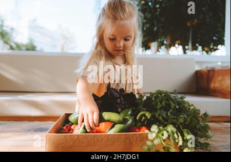 Kind mit Gemüse Ernte vegan gesunde Ernährung Ernährung Lifestyle Bio Gemüse und Gemüse selbst angebaute pflanzenbasierte Ernährung Rohkost Stockfoto