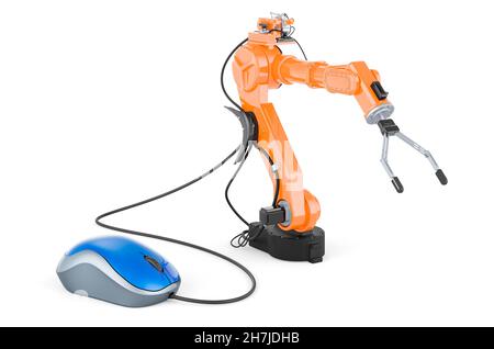 Roboterarm mit Computermaus. 3D Darstellung isoliert auf weißem Hintergrund Stockfoto