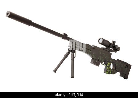 Holzspielzeug-Scharfschützengewehr mit Teleskop-Sicht isoliert auf weißem Hintergrund Stockfoto