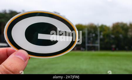 16. September 2021, Green Bay, Wisconsin. Emblem des amerikanischen Fußballprofi Green Bay Packers mit Sitz in Green Bay im Sportstadion. Stockfoto