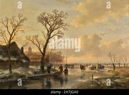 Andreas Schelfhout (1787-1870) - Skater auf einem gefrorenen Fluss Stockfoto