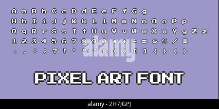 Vektorpixel Art 8 Bit Stil abc Alphabet Großbuchstaben, Kleinbuchstaben, Zahlen, Sonderzeichen Buchstaben-Zeichen-Icon-Set, weiß mit schwarzem Umriss Stock Vektor