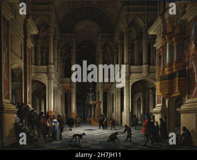 Anthonie de Lorme, Anthonie Palamedesz. - das Innere einer Kirche im Renaissance-Stil bei Nacht mit einem eleganten Paar, das einen Eingang macht Stockfoto