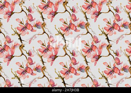 Chinesische Blumenbäume. Nahtloses Apple Wallpaper. Stockfoto
