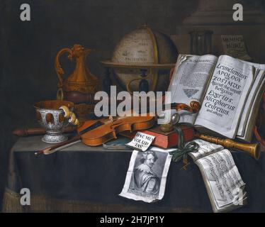Edwaert Collier - Vanitas Stillleben mit Globus, Geige und Bogen Stockfoto