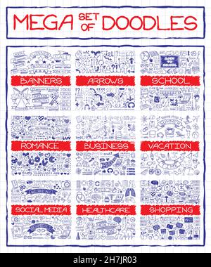 Mega-Set von Doodle-Symbolen Stock Vektor